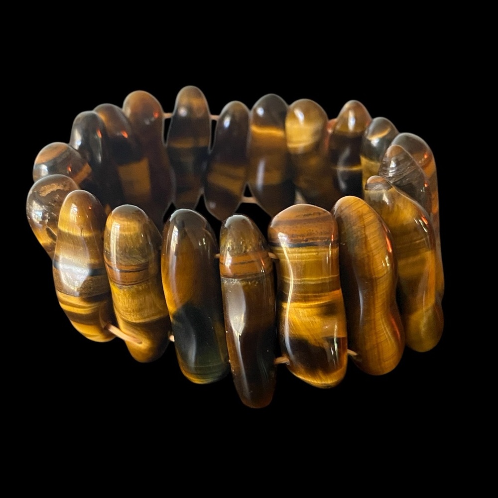 Tiger’s Eye Natural Stone Brown Black Stretch Elastic Chunky Statement Bracelet